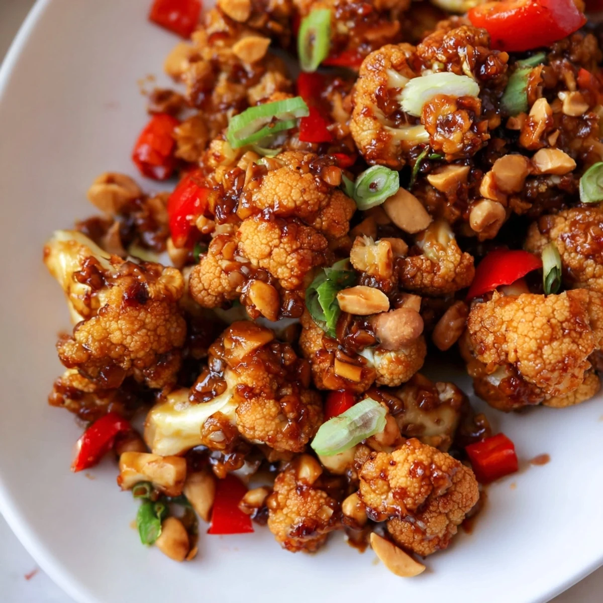 Vegan Kung Pao Cauliflower stir-fry featuring glossy sauce-coated florets served with red chilies and fresh scallions