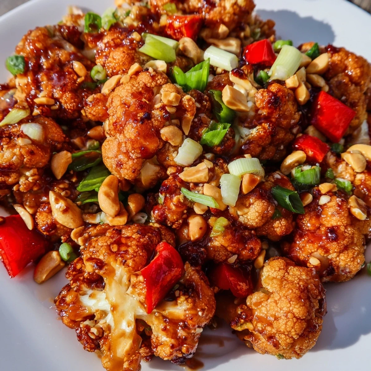 Crispy baked cauliflower florets tossed in tangy sweet sauce with garlic, ginger, and green onion garnish