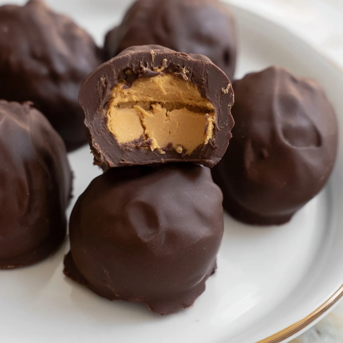 Rich chocolate dipped peanut butter Easter eggs arranged on festive Easter themed serving platter