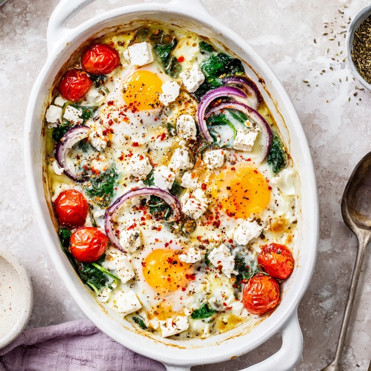 Creamy Mediterranean baked feta eggs with wilted spinach and roasted cherry tomatoes close up