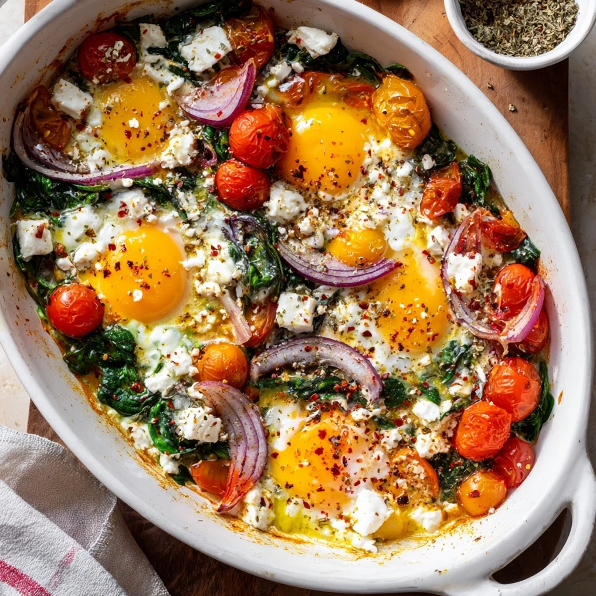 Savory baked feta eggs with spinach and tomatoes served with crusty toasted bread