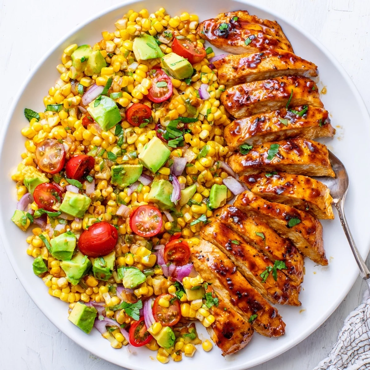 Juicy hot honey grilled chicken breast plated alongside vibrant corn salad with lime and herbs for summer dining