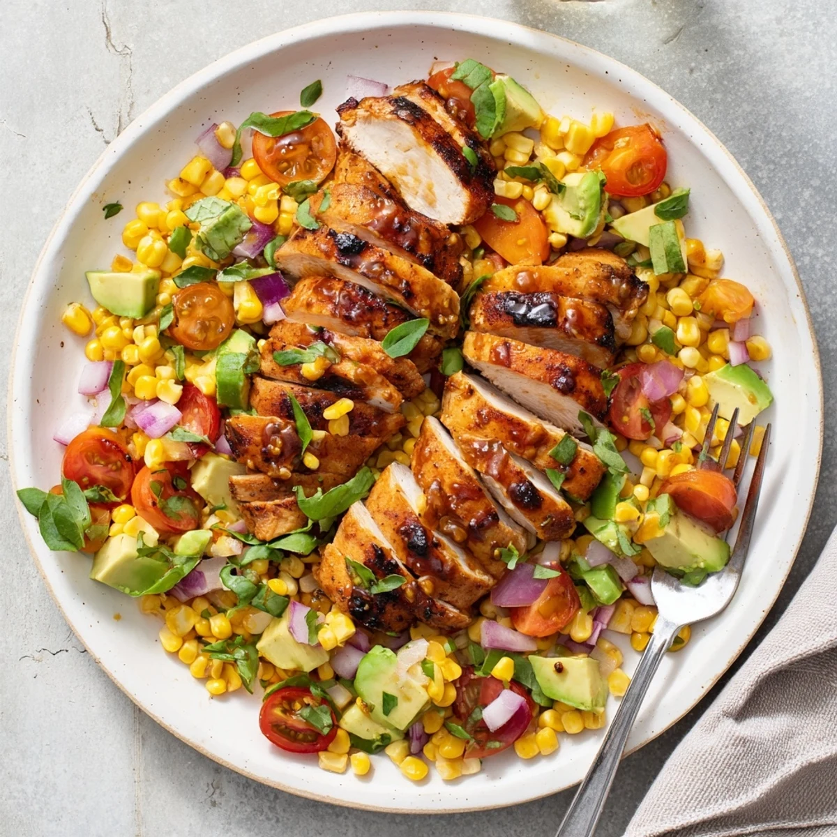 Perfectly charred chicken brushed with sweet and spicy honey glaze resting on a bed of colorful corn and tomato salad