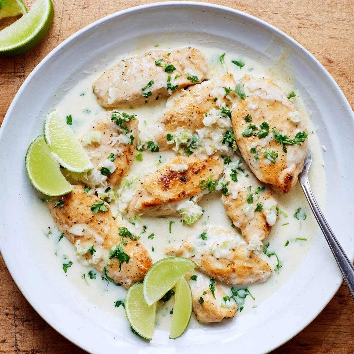 Golden coconut lime chicken swimming in creamy white sauce with fresh cilantro garnish