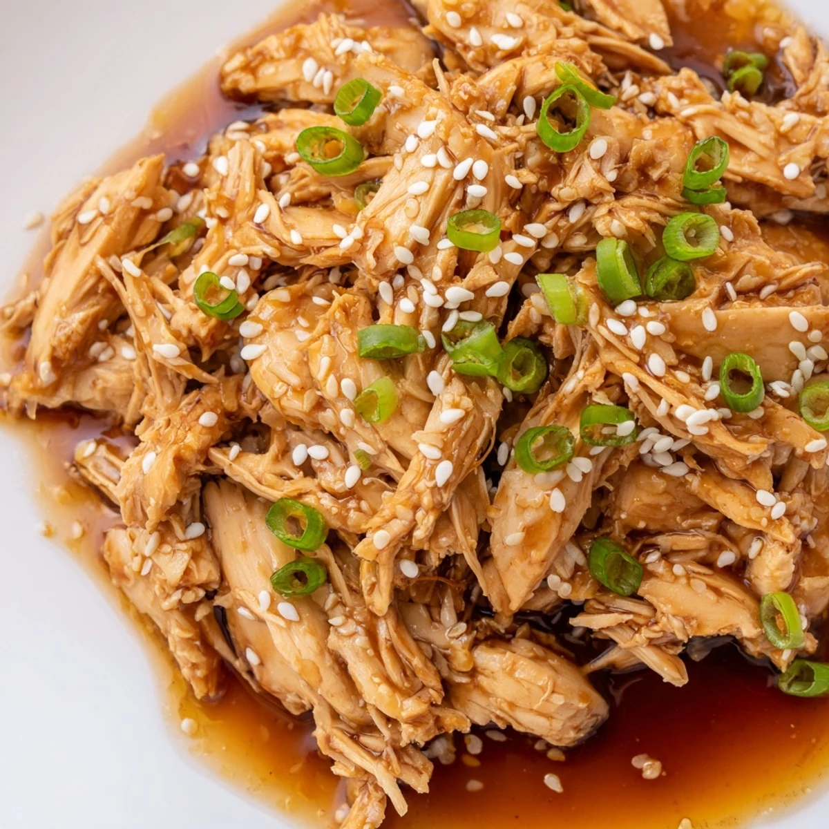 Slow cooker teriyaki chicken glazed in rich sticky sauce with sesame seed garnish