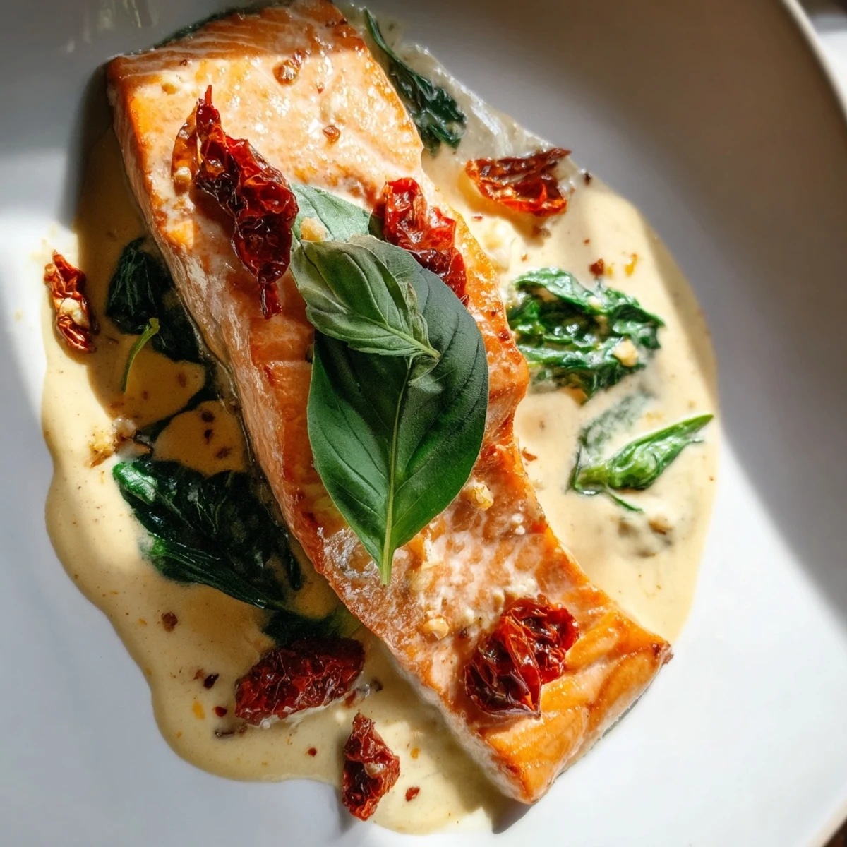 Golden pan-seared salmon fillets resting in creamy garlic Parmesan sauce with sun-dried tomatoes and wilted spinach