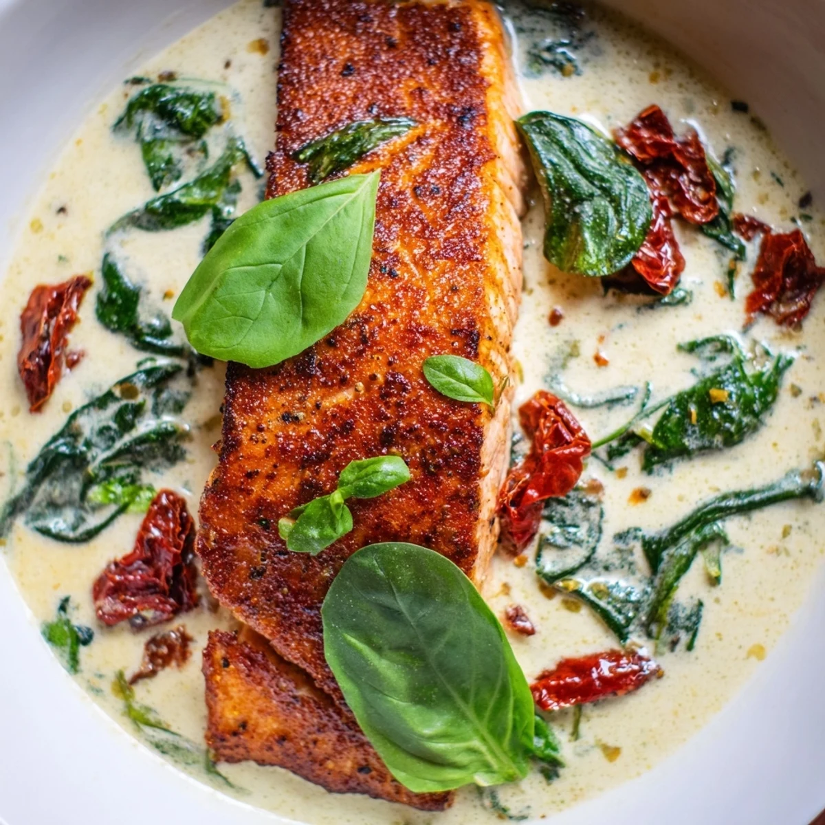 Crispy salmon served in velvety garlic cream sauce loaded with Italian sun-dried tomatoes and tender baby spinach