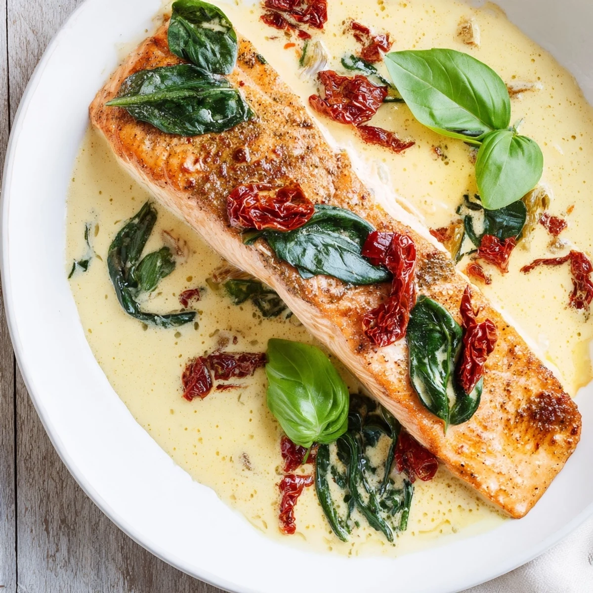 Rich creamy Tuscan salmon simmered in white sauce with spinach and sun-dried tomatoes, garnished with fresh basil