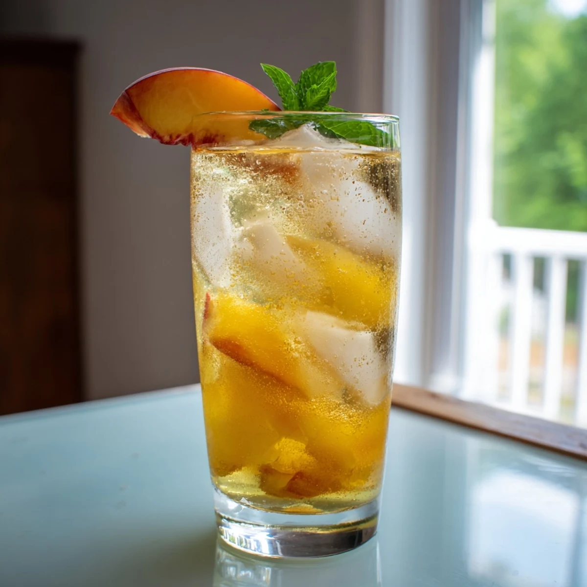 Refreshing pitcher of bubbly Ginger Peach Sparkler featuring swirling peach puree and ginger syrup topped with sparkling water and ice crystals