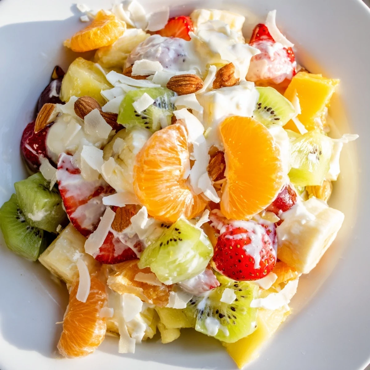 Fresh creamy fruit salad bowl with colorful strawberries, grapes, and pineapple coated in silky Greek yogurt dressing