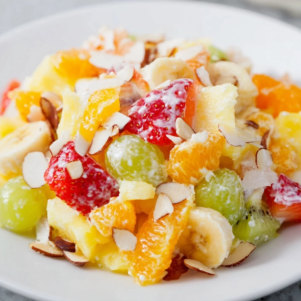 Creamy fruit salad featuring sliced kiwis, mandarin oranges, and banana chunks tossed in vanilla honey cream sauce
