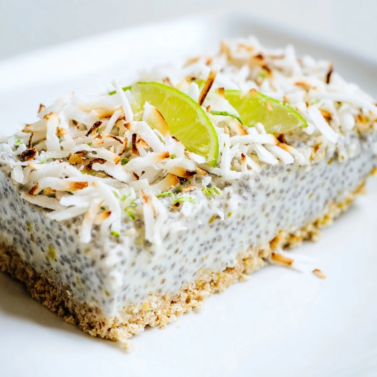Creamy no bake coconut lime chia pudding bars topped with toasted coconut and fresh lime zest