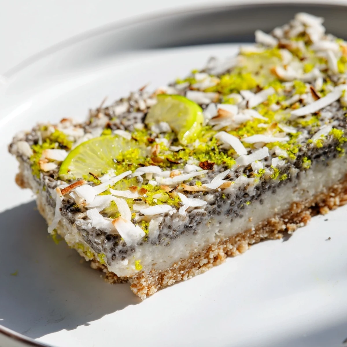 Square slice of zesty coconut lime chia pudding bar showing layered coconut crust and smooth lime filling
