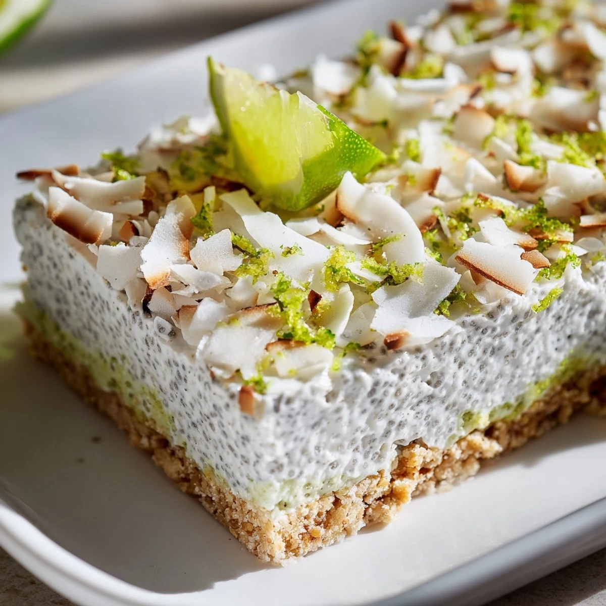 Vegan no bake dessert bars featuring coconut almond crust with tangy lime chia pudding layer