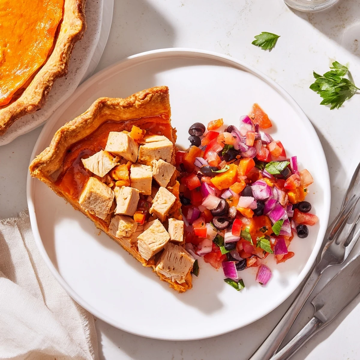 Golden sweet potato chicken pie with flaky crust topped with vibrant tomato olive salsa