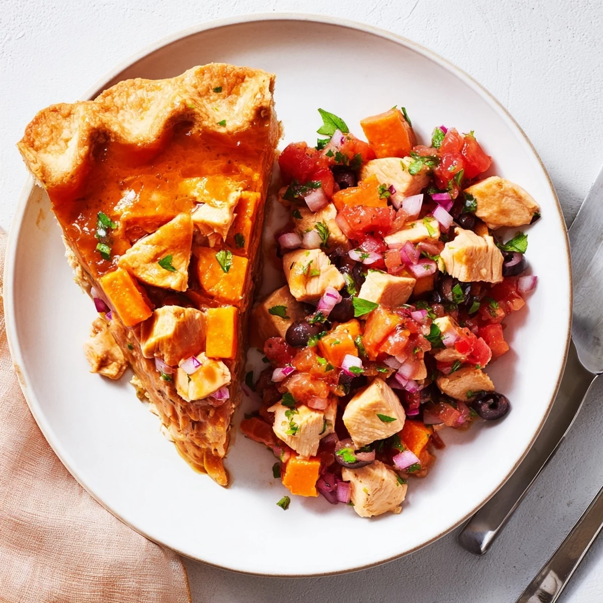 Baked chicken sweet potato pie featuring tender filling beneath golden crust with chunky tomato salsa