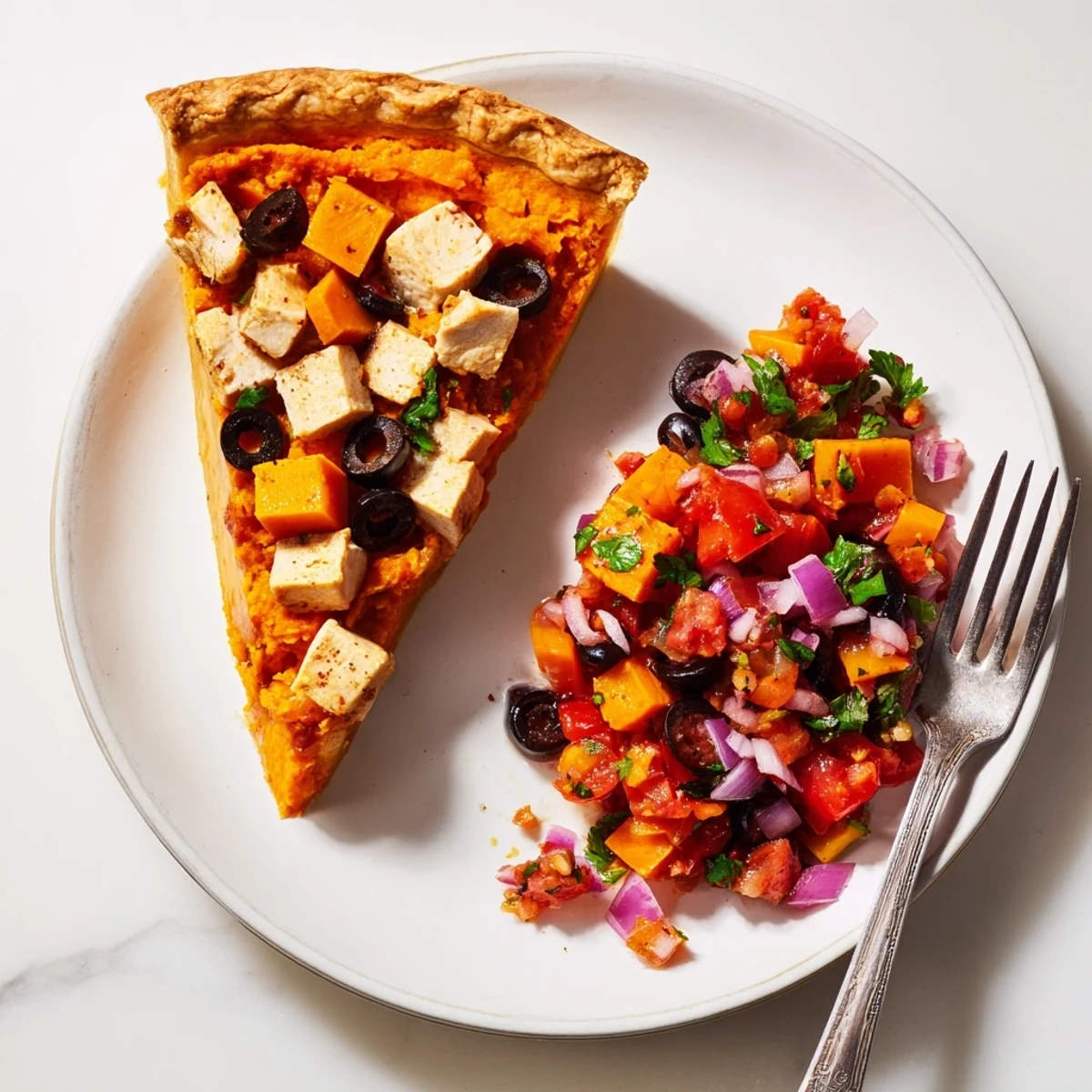 Savory Mediterranean-style chicken and sweet potato pie served with fresh tangy tomato olive garnish