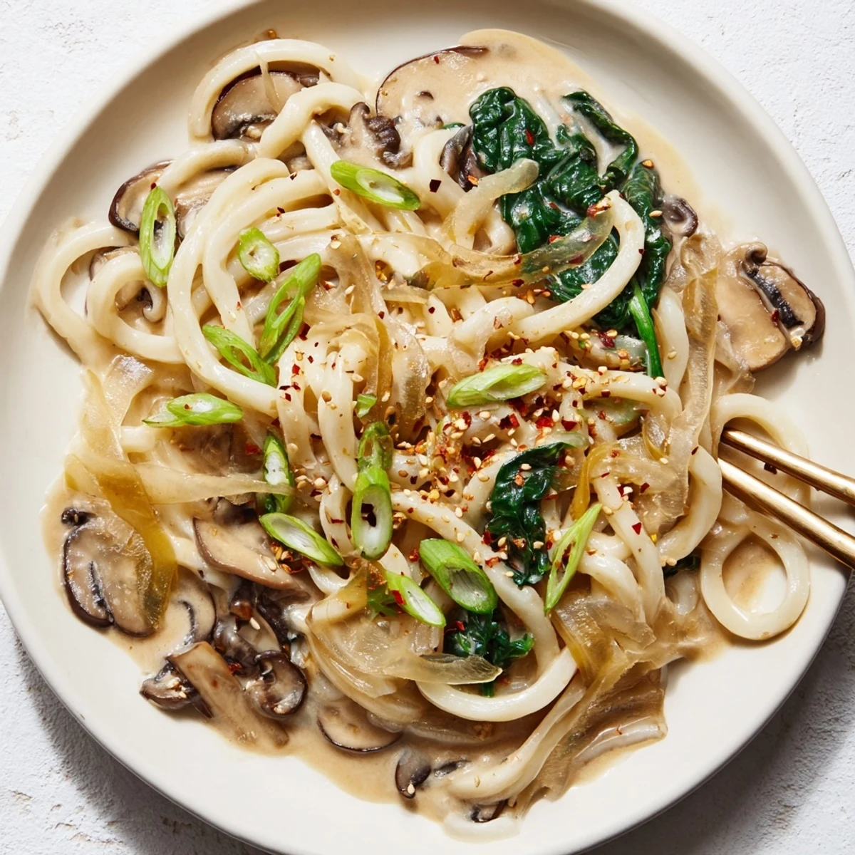 Thick chewy udon noodles coated in rich savory miso cream sauce with fresh vegetables