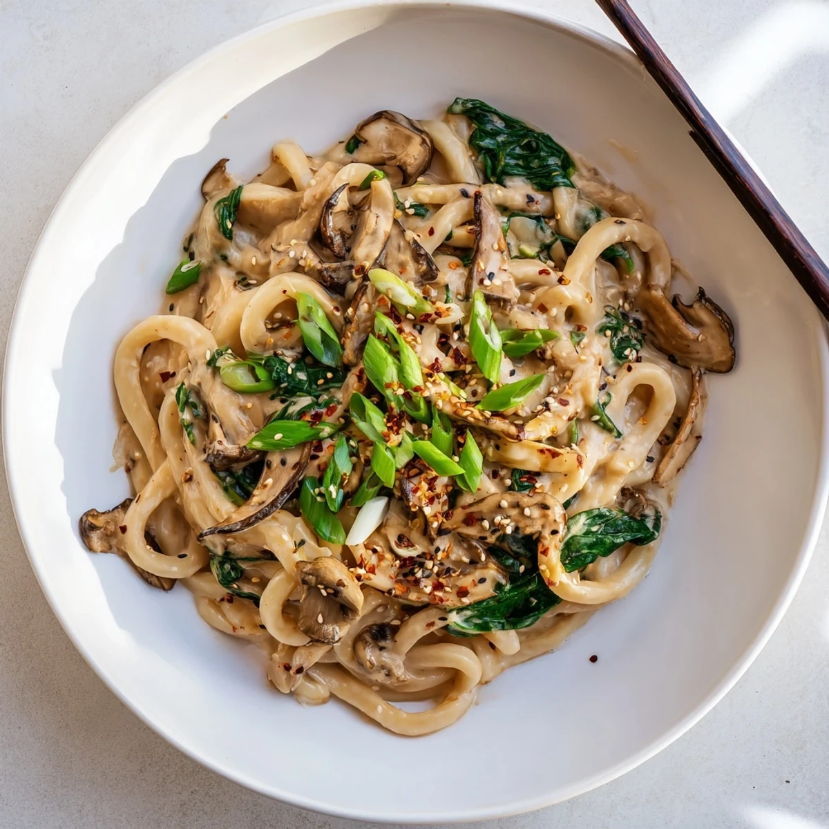 Creamy miso udon bowl topped with green onions sesame seeds and tender sautéed mushrooms