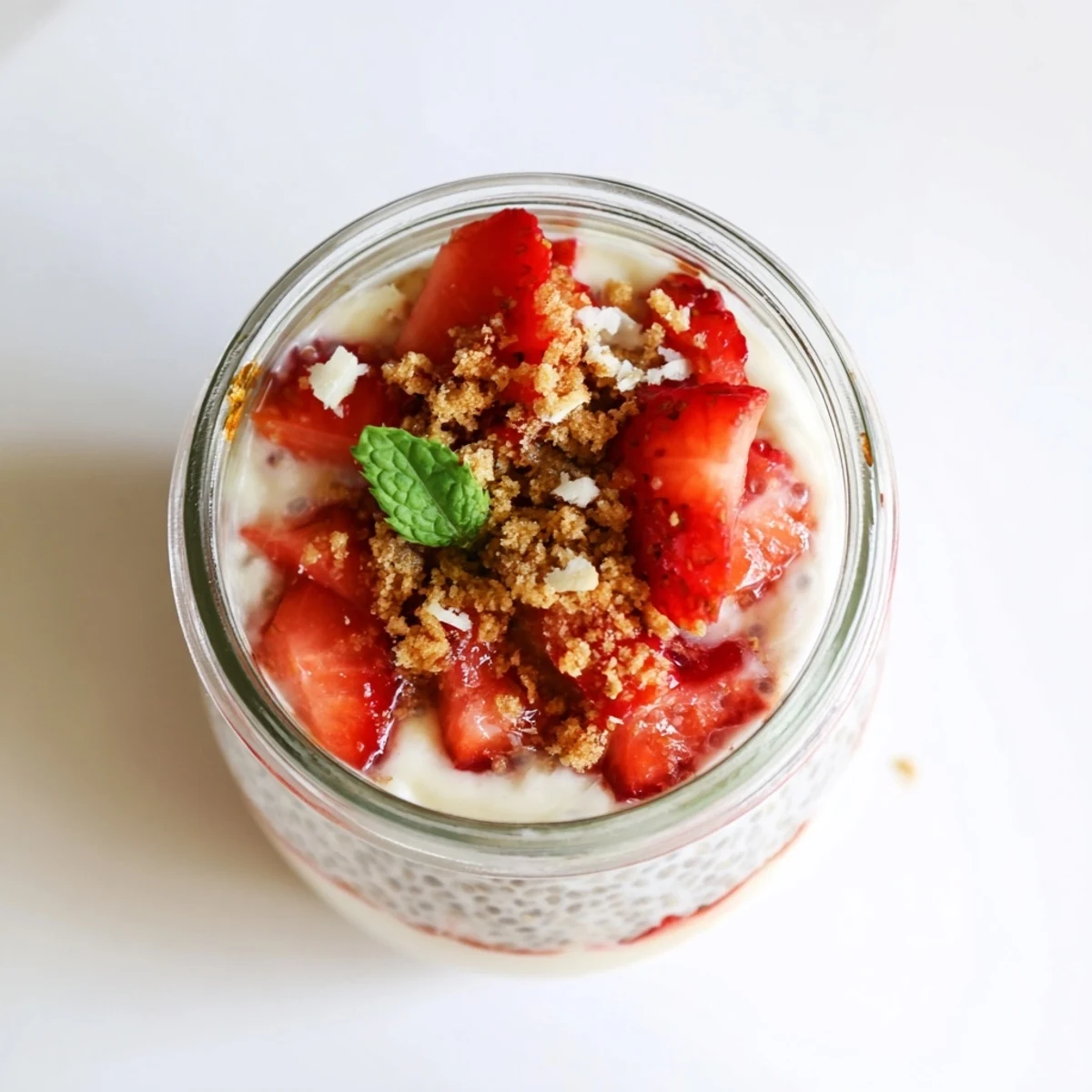Creamy strawberry cheesecake chia pudding layered with fresh strawberries and graham cracker topping in a clear glass jar