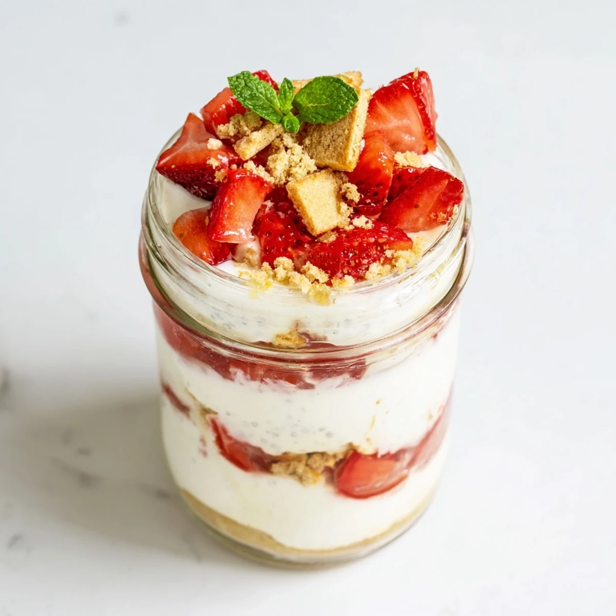 Healthy strawberry cheesecake chia pudding jar showing three distinct layers with fresh berry and mint garnish