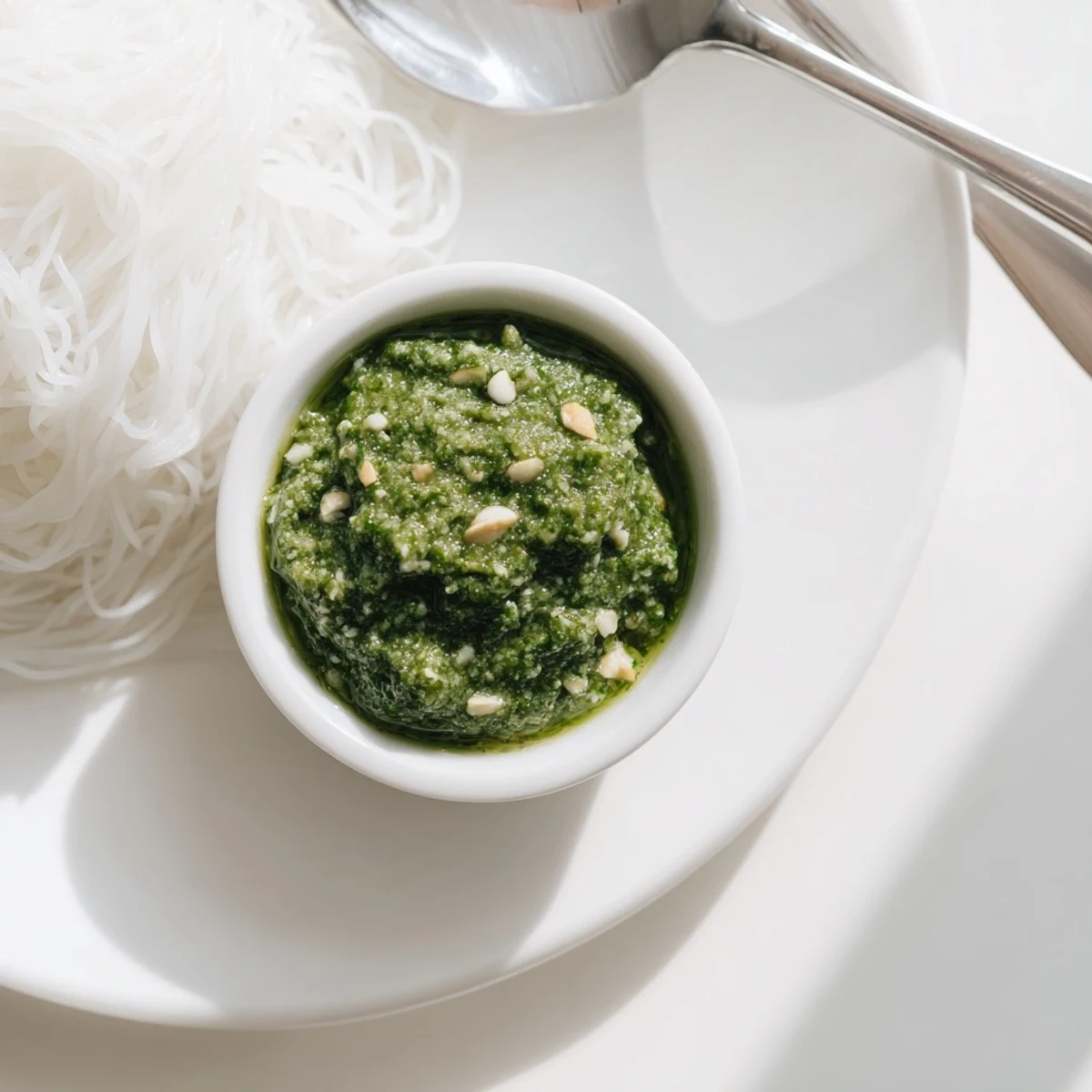 Vibrant green Thai basil pesto swirled in a glass bowl with fresh basil leaves garnish
