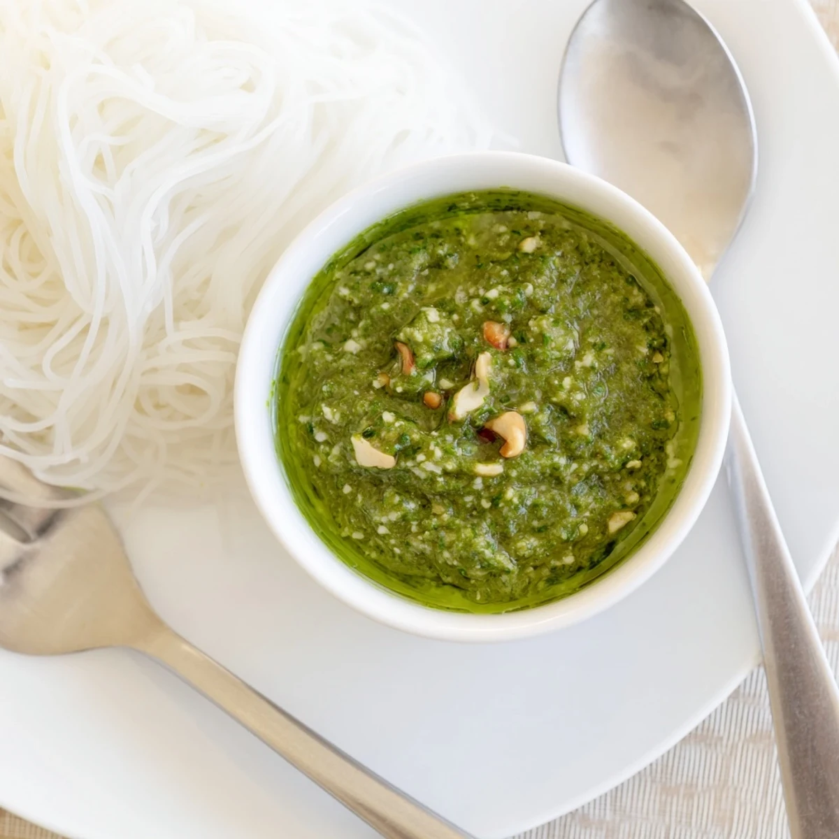 Creamy Thai basil pesto sauce drizzled over steaming rice noodles with chopped cashews