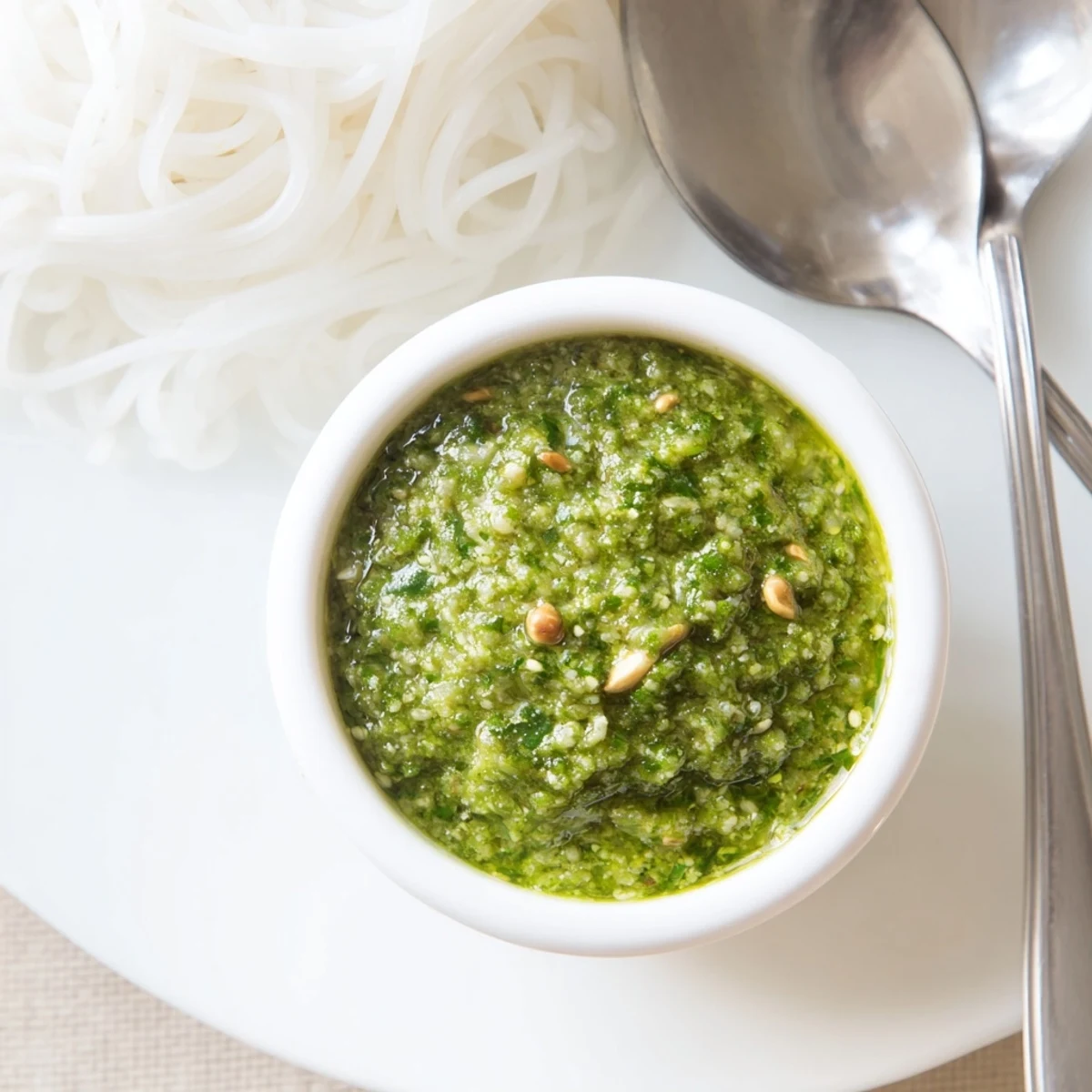 Close-up of aromatic Thai basil pesto with roasted cashews and lime wedge on wooden board
