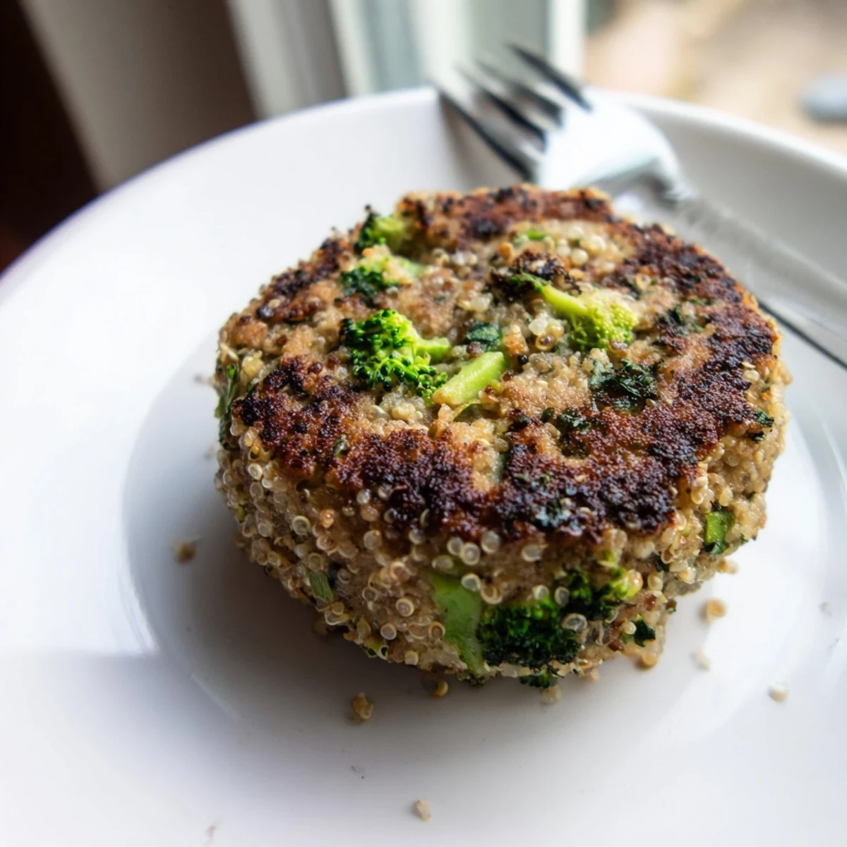 Golden brown turkey broccoli and quinoa burgers sizzling in a skillet with fresh green onion garnish