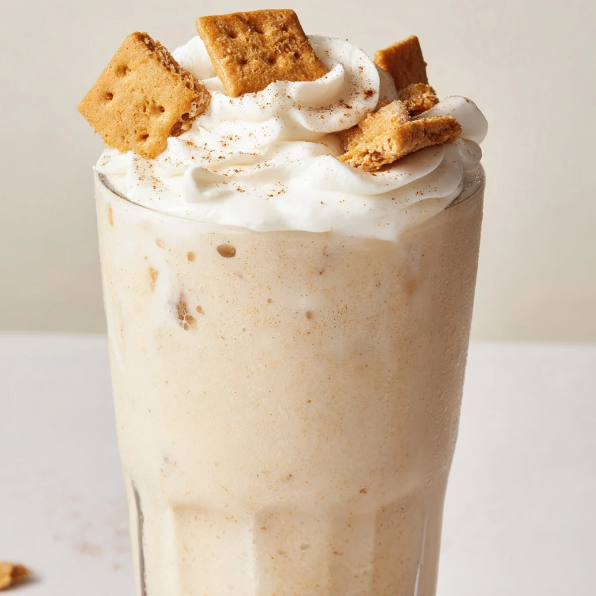 Thick creamy Cinnamon Toast Crunch Frappe topped with whipped cream and cereal pieces in a tall glass