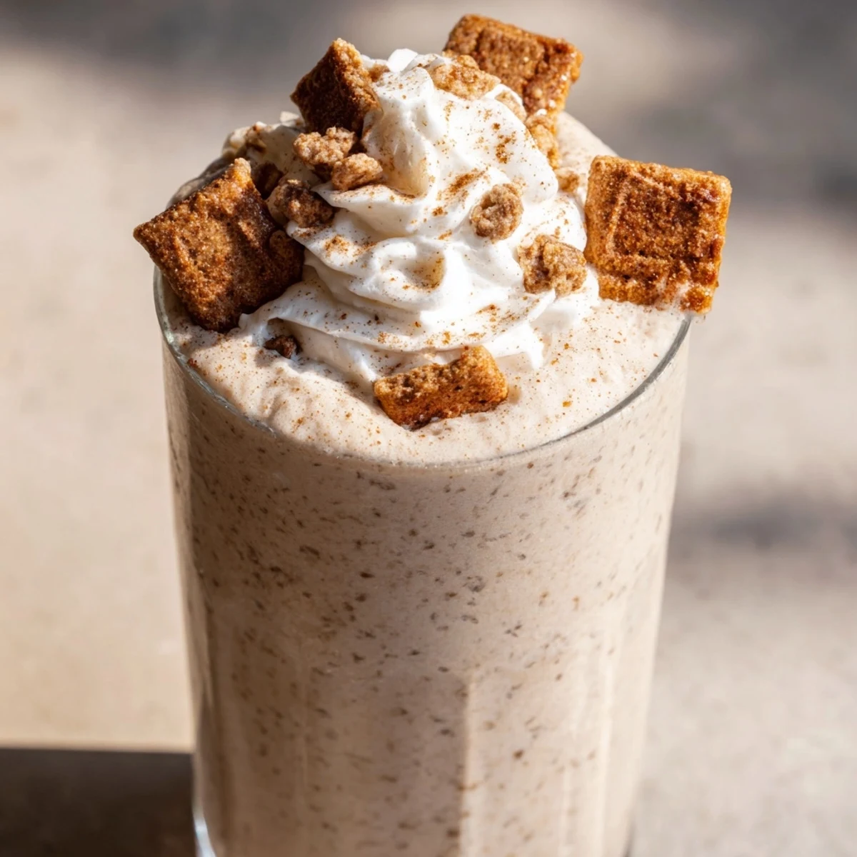 Sweet icy Cinnamon Toast Crunch Frappe with dollop of whipped cream and sprinkled ground cinnamon topping
