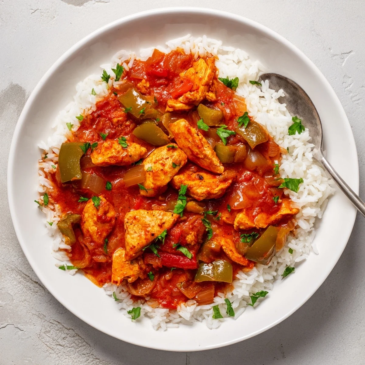 Golden easy chicken stewed Louisiana style served over fluffy white rice with fresh parsley garnish