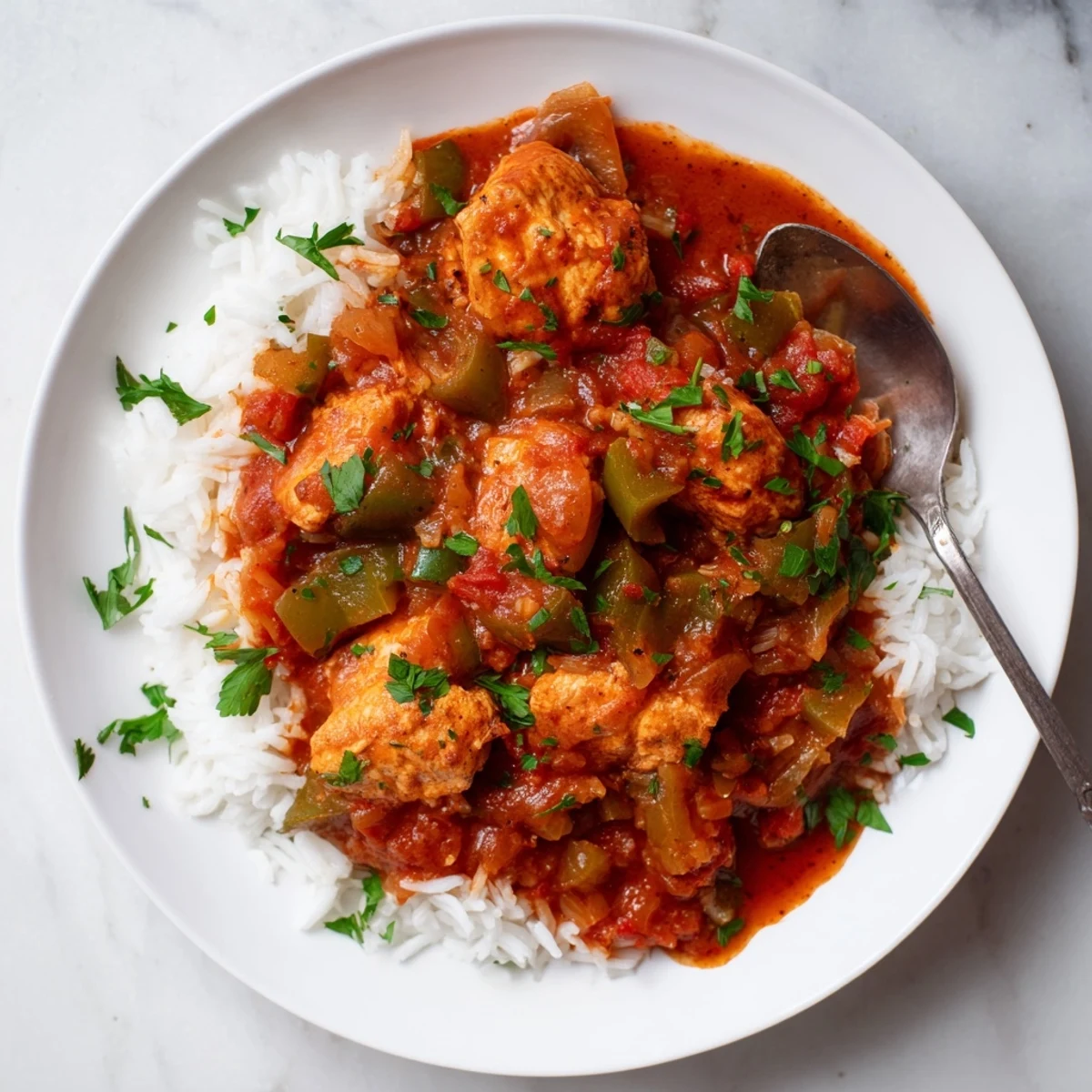 Bubbling pot of tender chicken thighs in rich Creole tomato sauce with bell peppers and celery