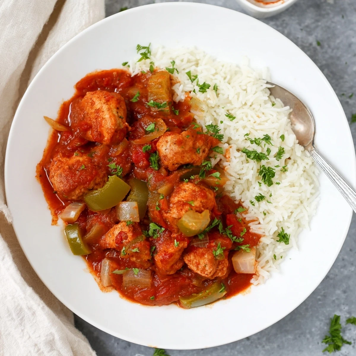 Comforting Southern easy chicken stewed Louisiana style bowl featuring savory spiced broth and steamed rice