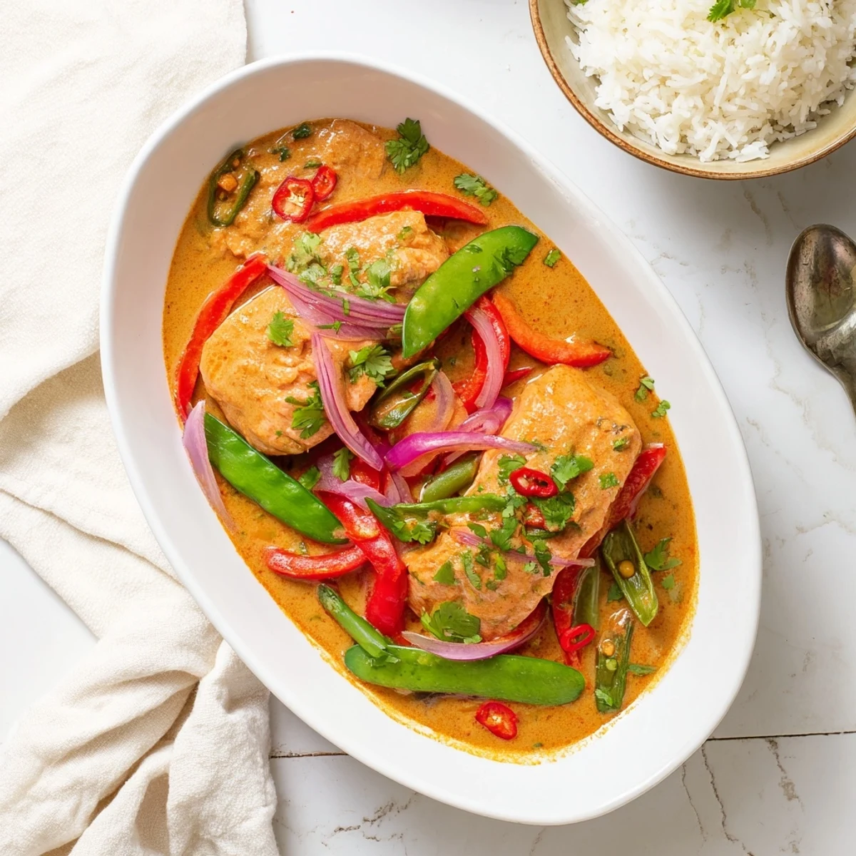 Golden salmon fillets simmered in aromatic red curry coconut sauce with fresh coriander garnish