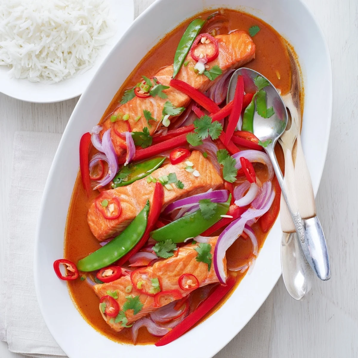 Flaky Thai-style salmon poached in creamy coconut red curry with vibrant vegetables and cilantro