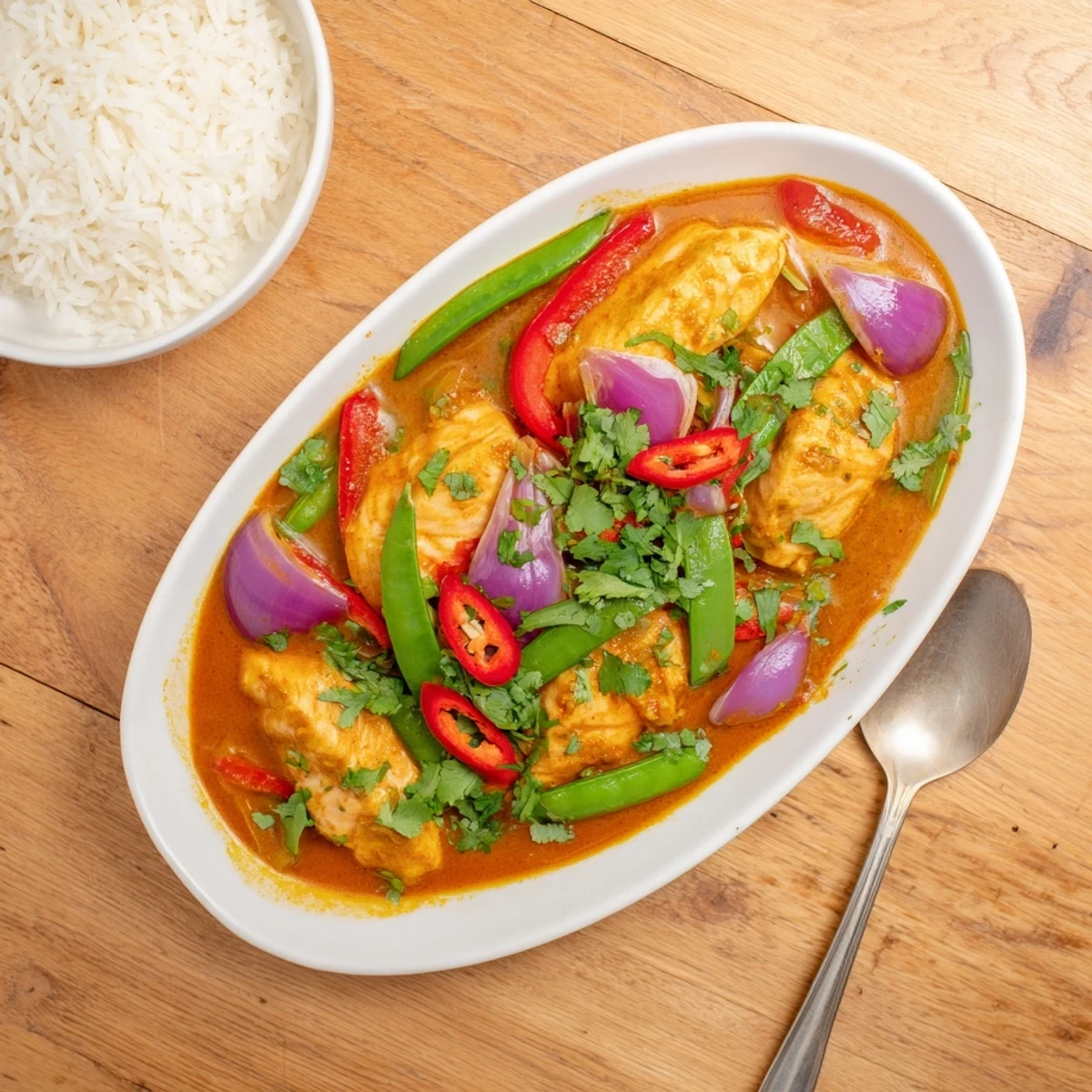 Weeknight dinner of tender red curry coconut salmon served over rice with scattered coriander