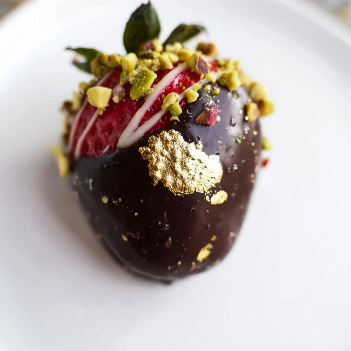 Decadent Dubai chocolate covered strawberry cups garnished with white chocolate drizzle and nuts