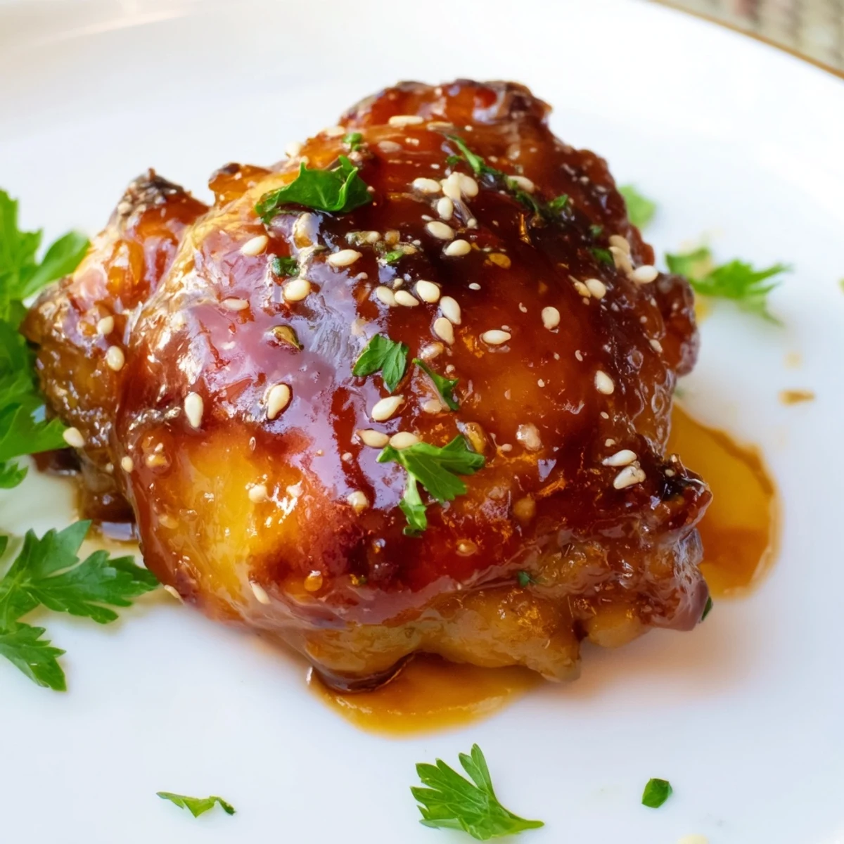 Golden glazed chicken thighs coated in sticky honey garlic sauce beside roasted sweet potato cubes