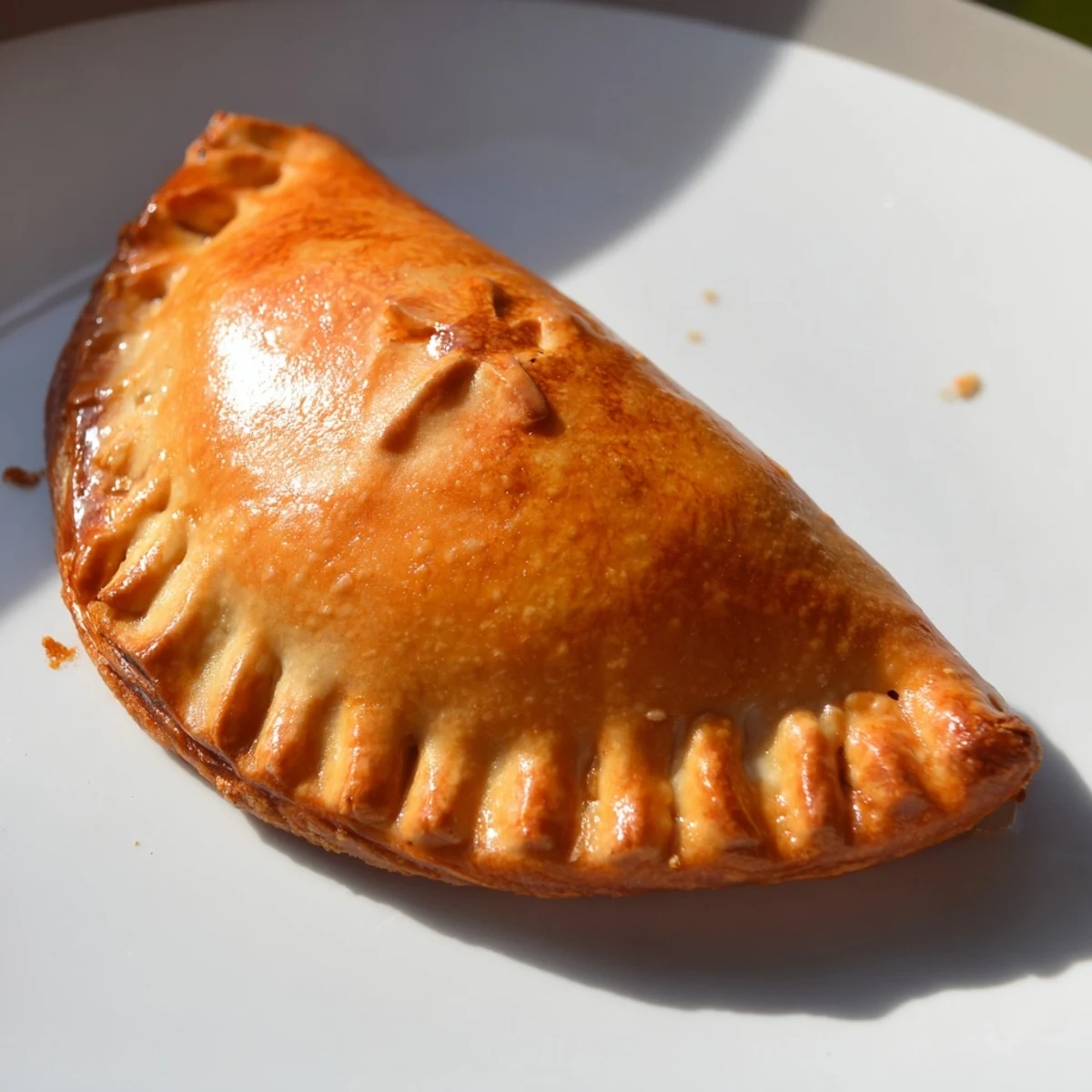 Golden Filipino empanada stuffed pastry with savory meat filling on white plate