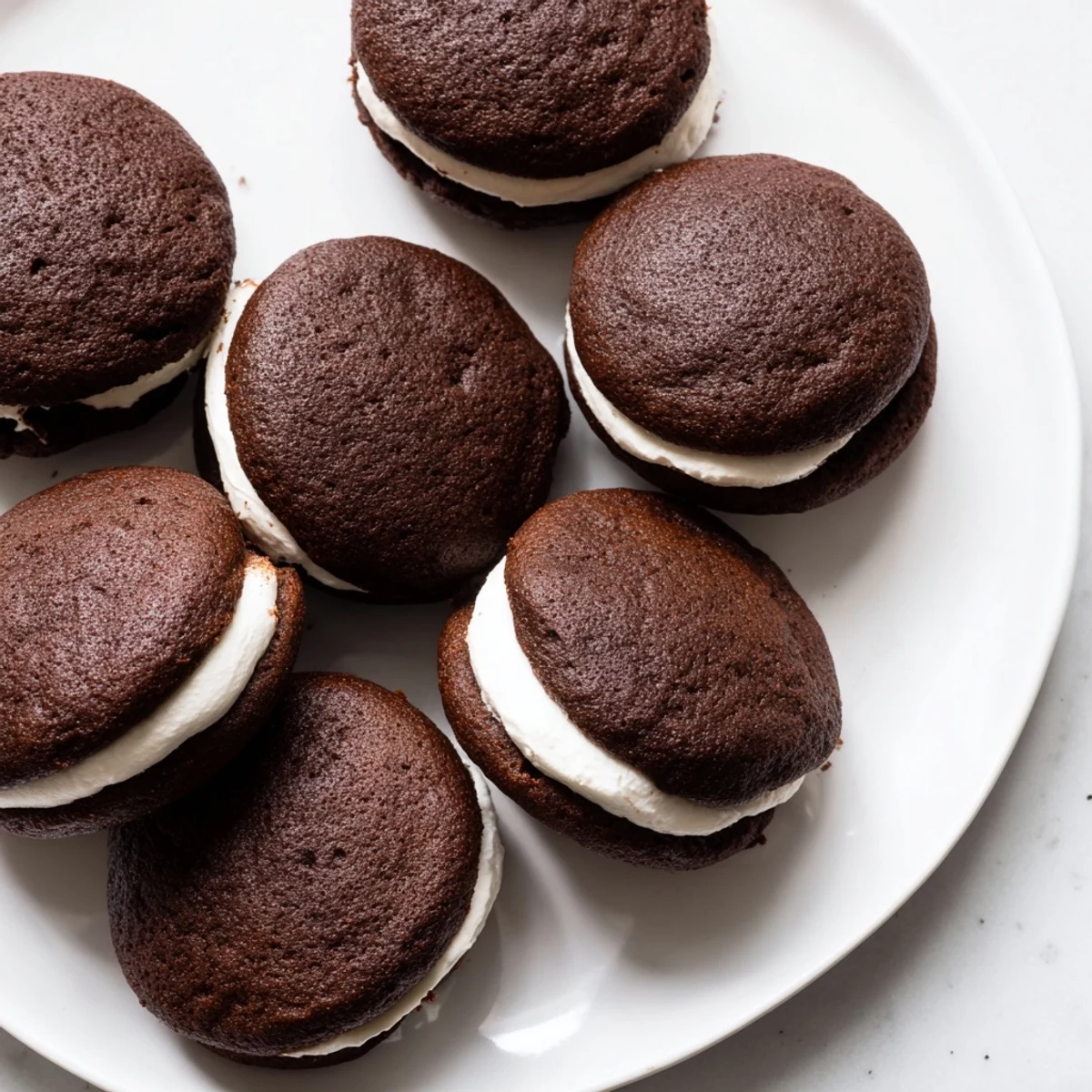 Soft chocolate whoopie pies sandwiched with fluffy white marshmallow filling on a white plate