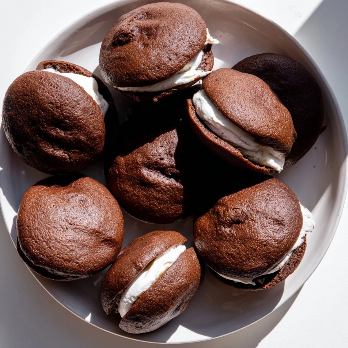 Homemade whoopie pies featuring cakey dark chocolate cookies with sweet creamy marshmallow buttercream between