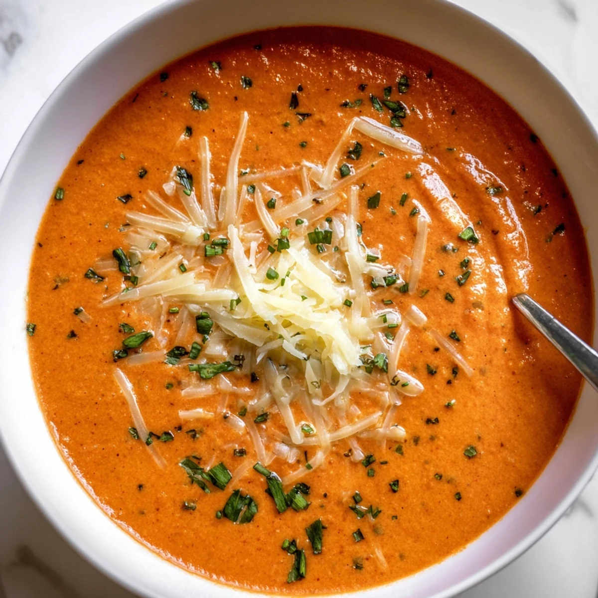 Creamy roasted red pepper Gouda soup garnished with fresh chives and shredded cheese