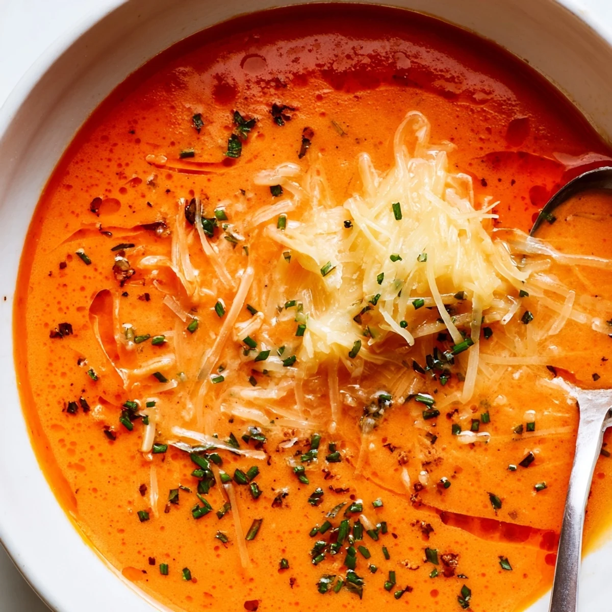 Velvety red pepper Gouda soup in a white bowl with crusty bread on the side
