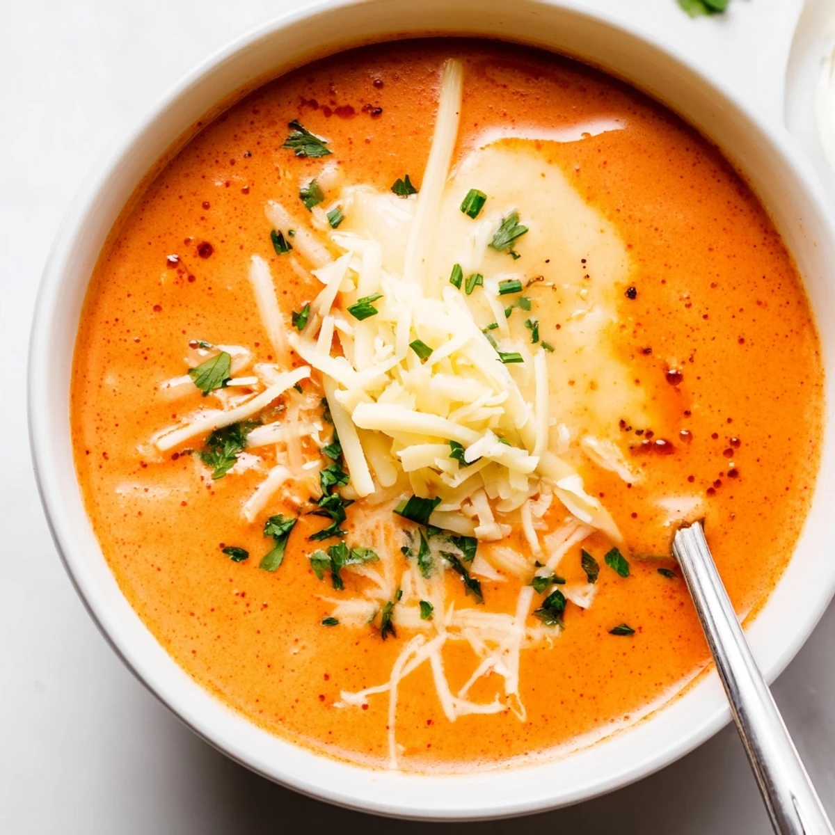 Golden orange roasted red pepper and Gouda soup topped with green parsley and melted cheese