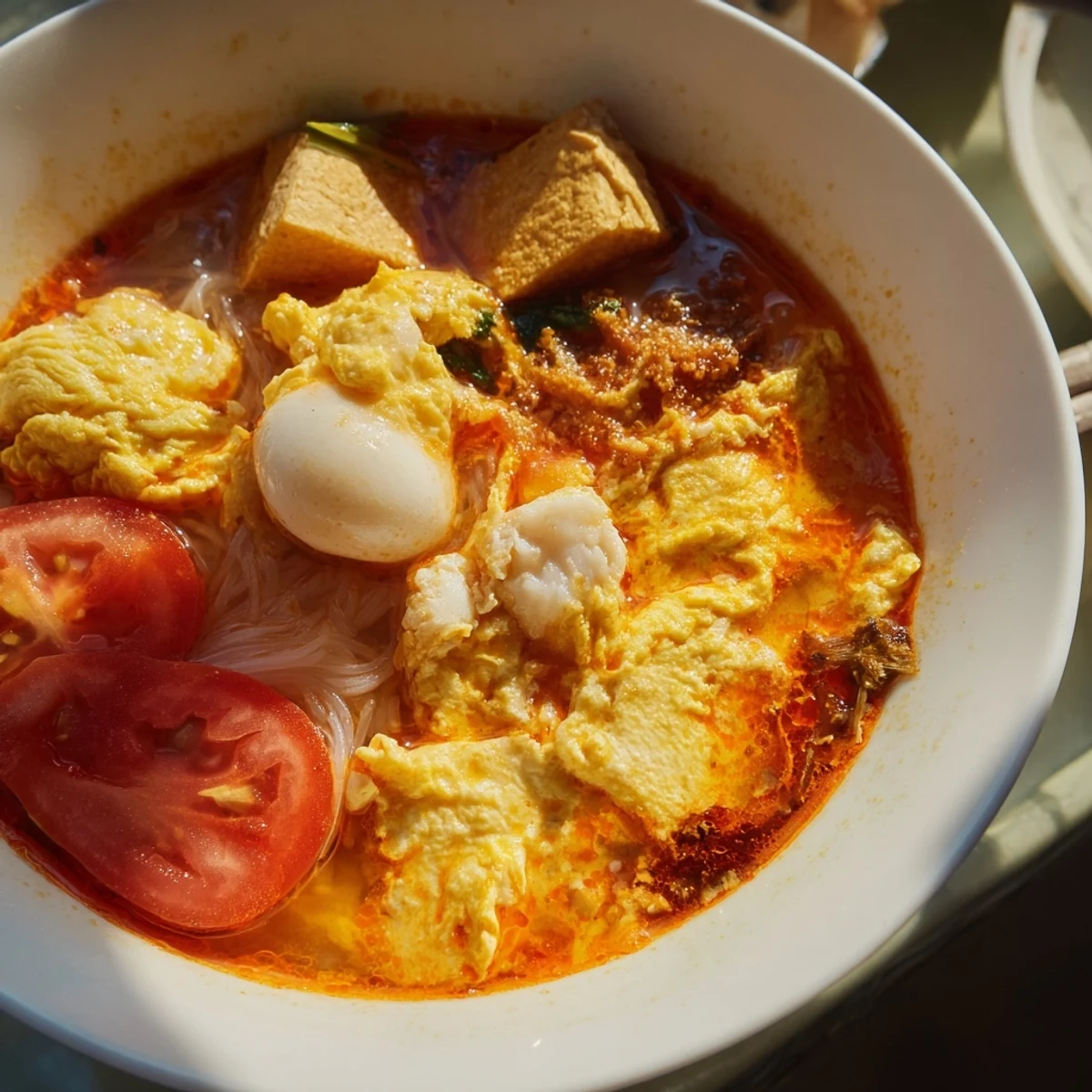 Steaming bowl of Vietnamese Bun Rieu Crab Noodle Soup with fluffy crab egg clouds, tomatoes, and fresh herbs garnished generously.