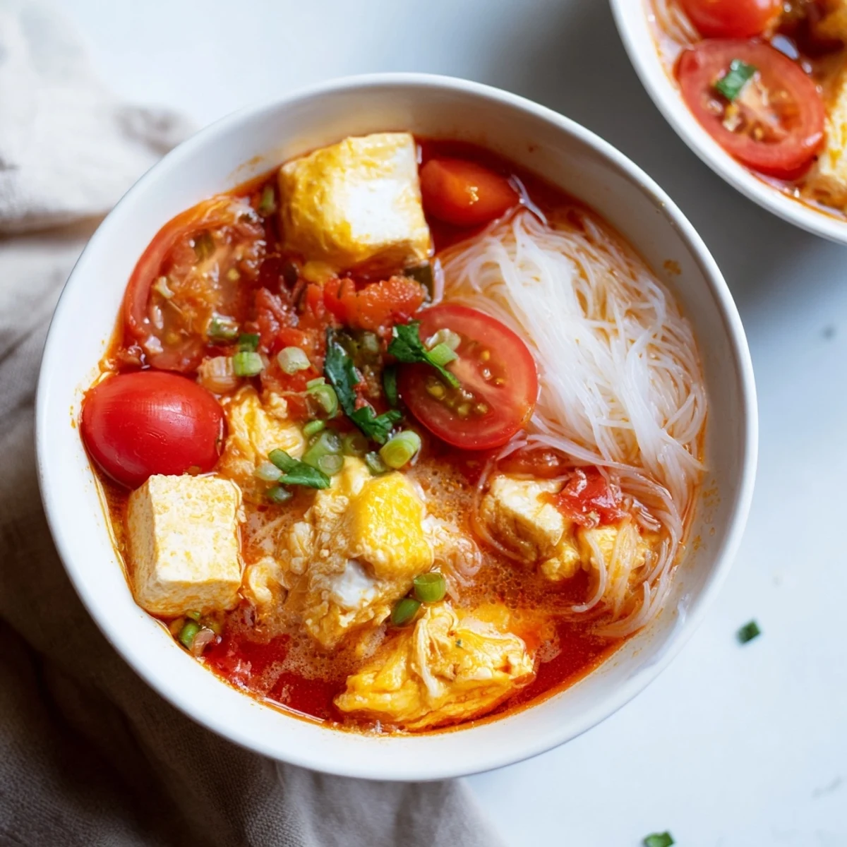 Golden red broth of Bun Rieu Crab Noodle Soup featuring vermicelli noodles, tofu cubes, and vibrant tomato wedges swimming together.