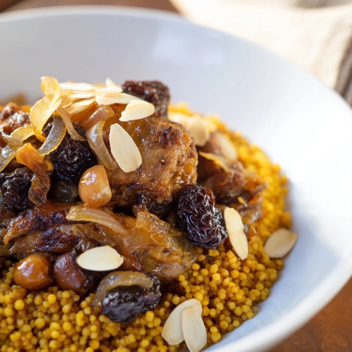 Golden Moroccan Couscous Tfaya topped with caramelized onions, raisins, and toasted almonds