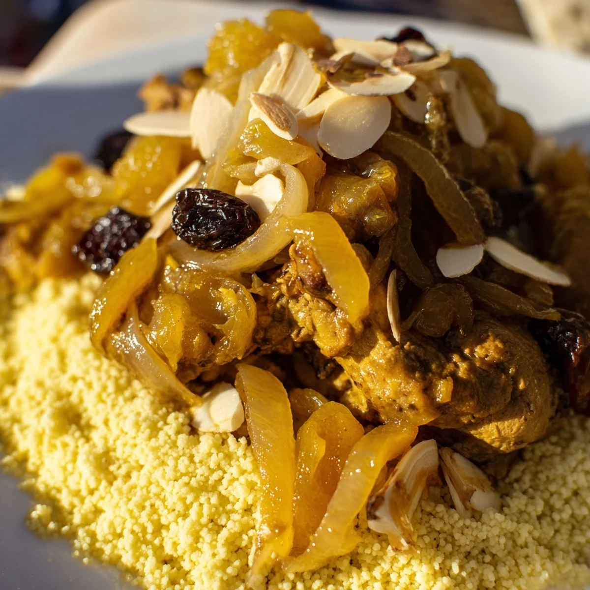 Fluffy couscous crown with sweet caramelized onion and raisin tfaya garnish