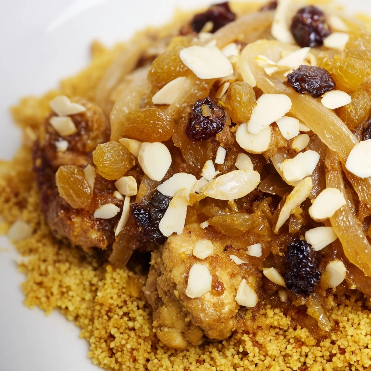 Traditional Moroccan Couscous Tfaya platter featuring tender chicken and buttery topping